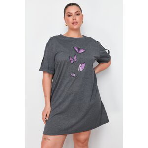 Trendyol Curve Anthracite Butterfly Print Knitted T-shirt Dress