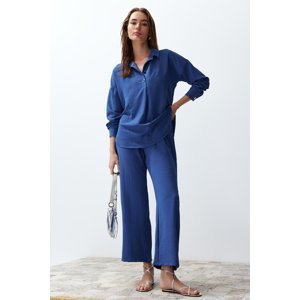 Trendyol Blue Buttoned Blouse Trousers Woven Bottom-Top Set
