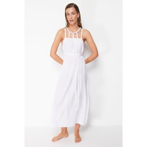 Trendyol White Belted Maxi Woven Tie-Up 100% Cotton Beach Dress