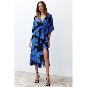 Trendyol Blue Floral Print A-line Double-breasted Collar Midi Woven Dress