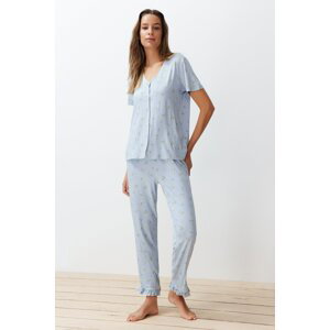 Trendyol Blue-Multicolored Floral Ruffle Detailed Viscose Knitted Pajama Set