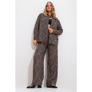Trend Alaçatı Stili dámská pískově béžová-černá vzorovaná košile a kalhoty spodní horní tkaný oblek