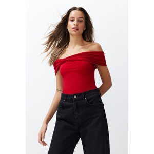 Trendyol Red Carmen Collar Fitted Stretchy Crop Knitted Blouse