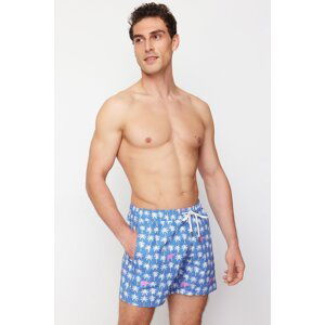 Trendyol Blue Standard Fit Palm Tree Patterned Swim Shorts