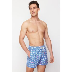 Trendyol Blue Men's Standard Fit Palm Tree Patterned Swim Shorts
