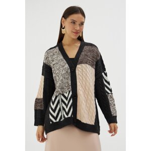 Laluvia Anthracite Patchwork Pattern Jacquard Cardigan