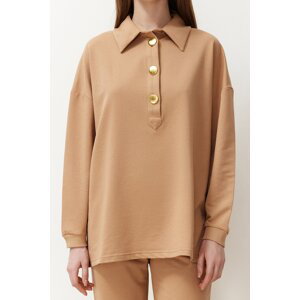 Trendyol Beige Polo Collar Gold Button Detailed Knitted Top and Bottom Set