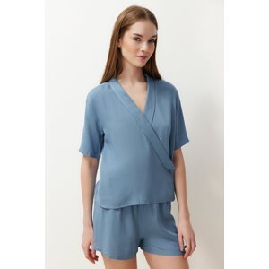 Trendyol Blue Buttoned Double Breasted Collar Viscose Woven Pajamas Set