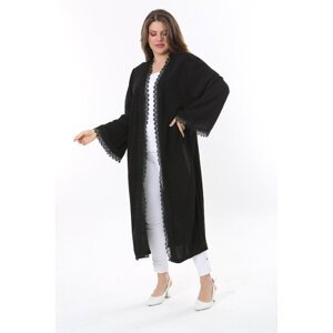 Şans Women's Large Size Black Lace Detailed Lace Satin Cardigan 65N37786