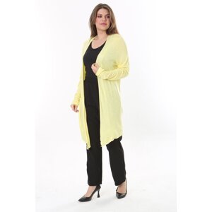 Şans Women's Large Size Yellow Side Slit Viscose Cardigan 65N37787