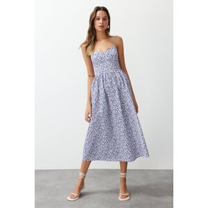 Trendyol Blue Floral Print A-line Sweetheart Neck Midi Poplin Woven Dress