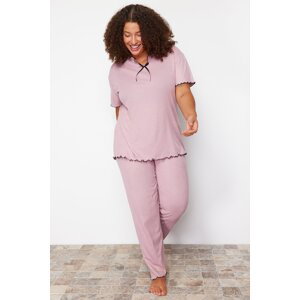 Trendyol Curve Pale Pink Bow Detailed Camisole Knitted Pajamas Set