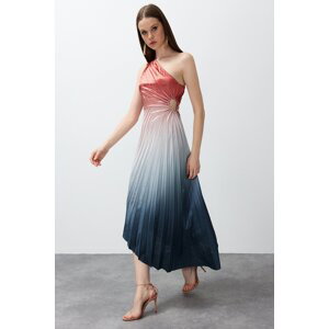 Trendyol Multi Color Asymmetric Knitted Pleat Detailed Satin Elegant Evening Dress