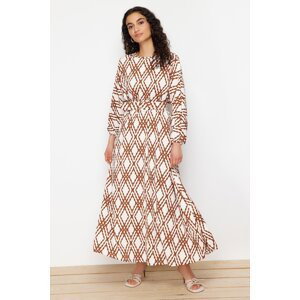Trendyol Cinnamon Patterned Belt Detailed Crinkle Woven Dress