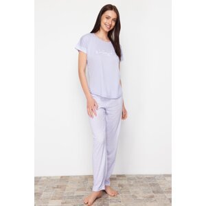 Trendyol Lilac Motto Printed Knitted Pajamas Set