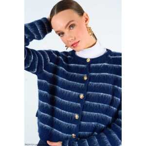 Laluvia Navy Blue Crew Neck Striped and Feather Epaulette Cardigan