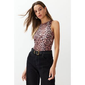 Trendyol Light Brown Leopard Patterned Barbell Neck Flexible Snaps Knitted Bodysuit