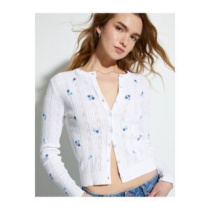Koton Knitwear Cardigan Floral Buttoned Crew Neck