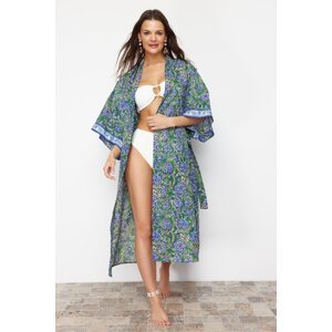 Trendyol Kimono & Kaftan with Floral Pattern Belted Maxi Woven Ribbon Accessory