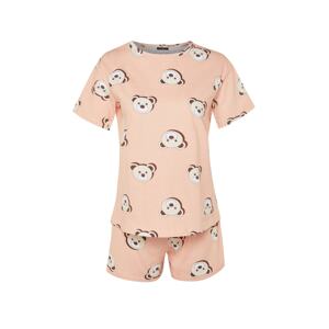 Trendyol Curve Salmon Teddy Bear Printed Cotton Knitted Pajamas Set