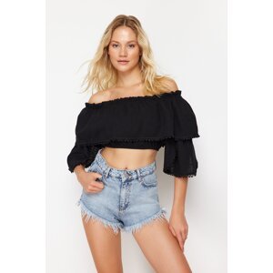 Trendyol Black Crop Woven Flounce Blouse