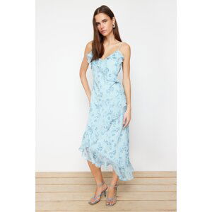 Trendyol Blue Floral Ruffle A-line Chiffon Lined Maxi Woven Dress