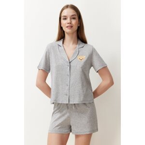 Trendyol Gray Melange Cotton Teddy Bear Embroidered Shirt-Shorts Knitted Pajamas Set