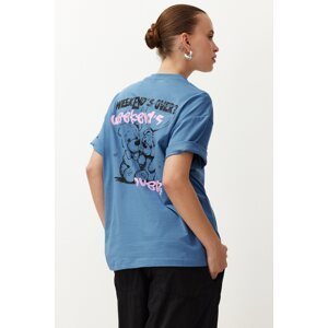 Trendyol Indigo 100% Cotton Slogan Printed Oversize/Wide Fit Short Sleeve Knitted T-Shirt