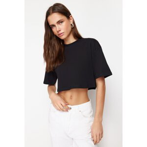 Trendyol Black 100% Cotton Cut Detail Relaxed Cut Crop Knitted T-Shirt