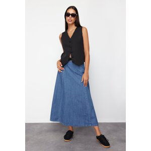 Trendyol Dark Blue High Waist Midi Modest Denim Skirt