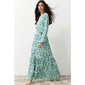 Trendyol Green Shawl Patterned Belted Woven Dress