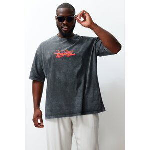 Trendyol Large Size Anthracite Oversize Comfortable 100% Cotton Printed T-Shirt with Aged Effect