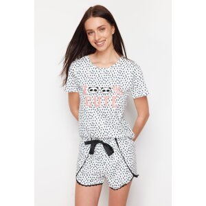 Trendyol White-Multicolor Polka Dot and Slogan Printed Knitted Pajamas Set