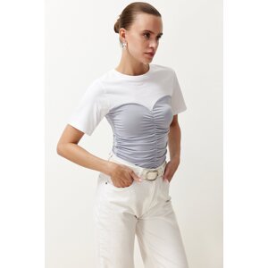 Trendyol Gray Color Block Fitted Gathered Detail Short Sleeve Elastic Knitted Blouse