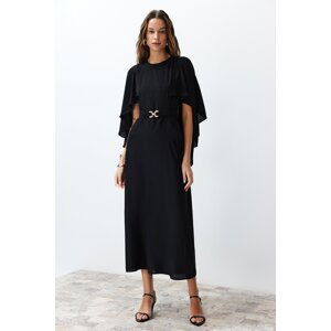 Trendyol Black Belted Cape Detailed Elegant Woven Evening Dress