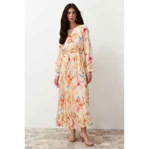 Trendyol Multi Color Floral Sash Detailed Lined Pleated Chiffon Woven Dress