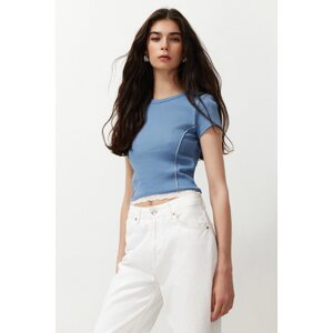 Trendyol Light Blue Fitted Body-Fitted Cotton Stretch Knitted Blouse with Stitching Detail
