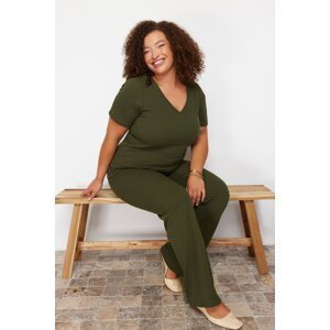 Trendyol Curve Khaki Knitted Large Size Top and Bottom Set