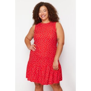 Trendyol Curve Red Polka Dot Printed Zero Sleeve Flounce Shift/Plain Mini Flexible Knitted Dress