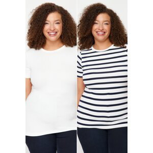Trendyol Curve White-Navy Blue Striped 2 Pack Viscose Stretchy Knitted Blouse