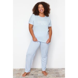 Trendyol Curve Blue Checkered Knitted Pajamas Set