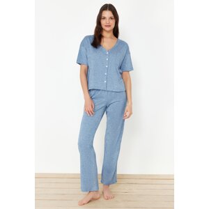 Trendyol Blue Button and Pocket Detailed Corded Knitted Pajama Set