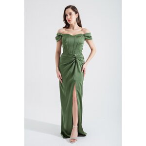 Lafaba Women's Green Underwire Corseted Long Satin Evening Dress