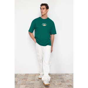 Trendyol Emerald Green Men's Oversize/Wide Cut Landscape Embroidered 100% Cotton T-Shirt