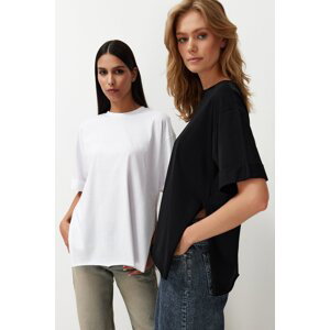 Trendyol Black-White 2 Pack Double Sleeve Oversize/Wide Cut Asymmetric Knitted T-Shirt