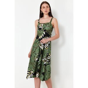 Trendyol Green Floral Printed Strap Zip A-line/Bell Opening Midi Knitted Dress