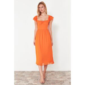 Trendyol Orange Waist Opening Chiffon Lined Midi Woven Dress