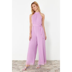 Trendyol Lilac Belted Maxi Chiffon Lined Woven Jumpsuit