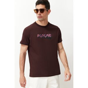 Trendyol Brown Men's Regular Cut Text Printed 100% Cotton T-shirt