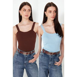 Trendyol Brown-Blue Double Pack Strappy Basic Knitwear Blouse
